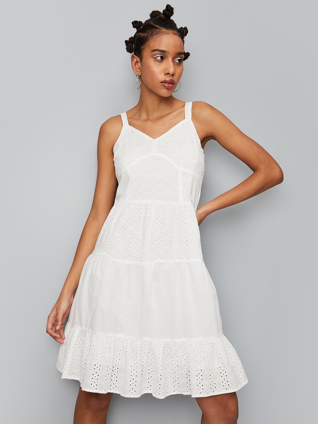 

max Self Design Cotton Shoulder Straps Fit & Flare Dress, White