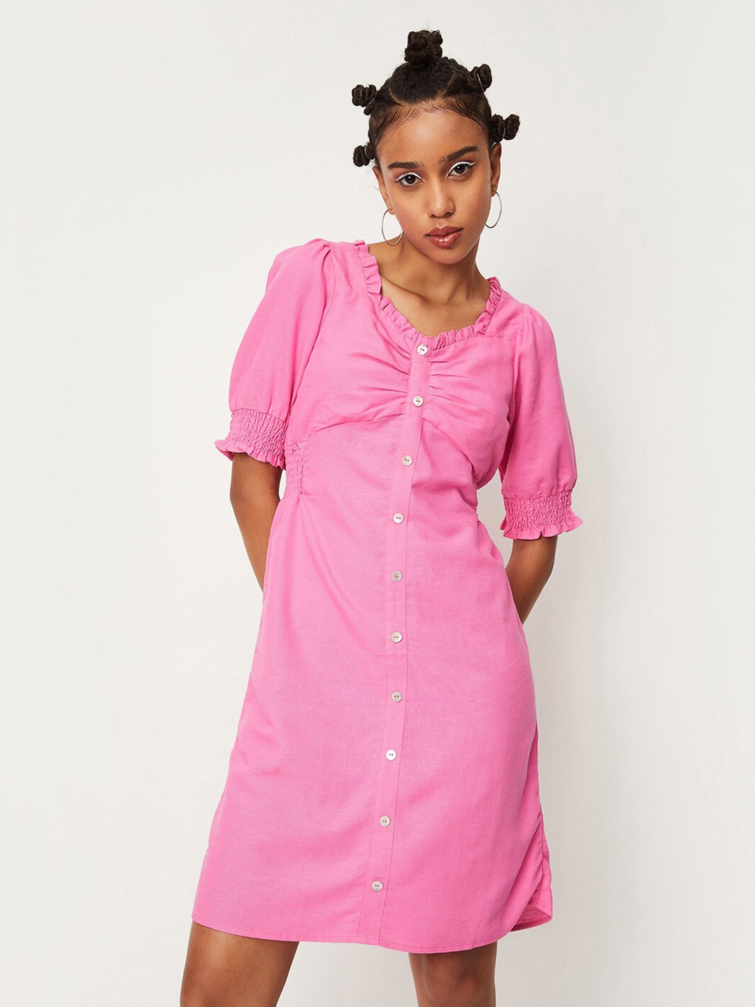 

max Cotton V-Neck Puff Sleeves Sheath Dress, Pink