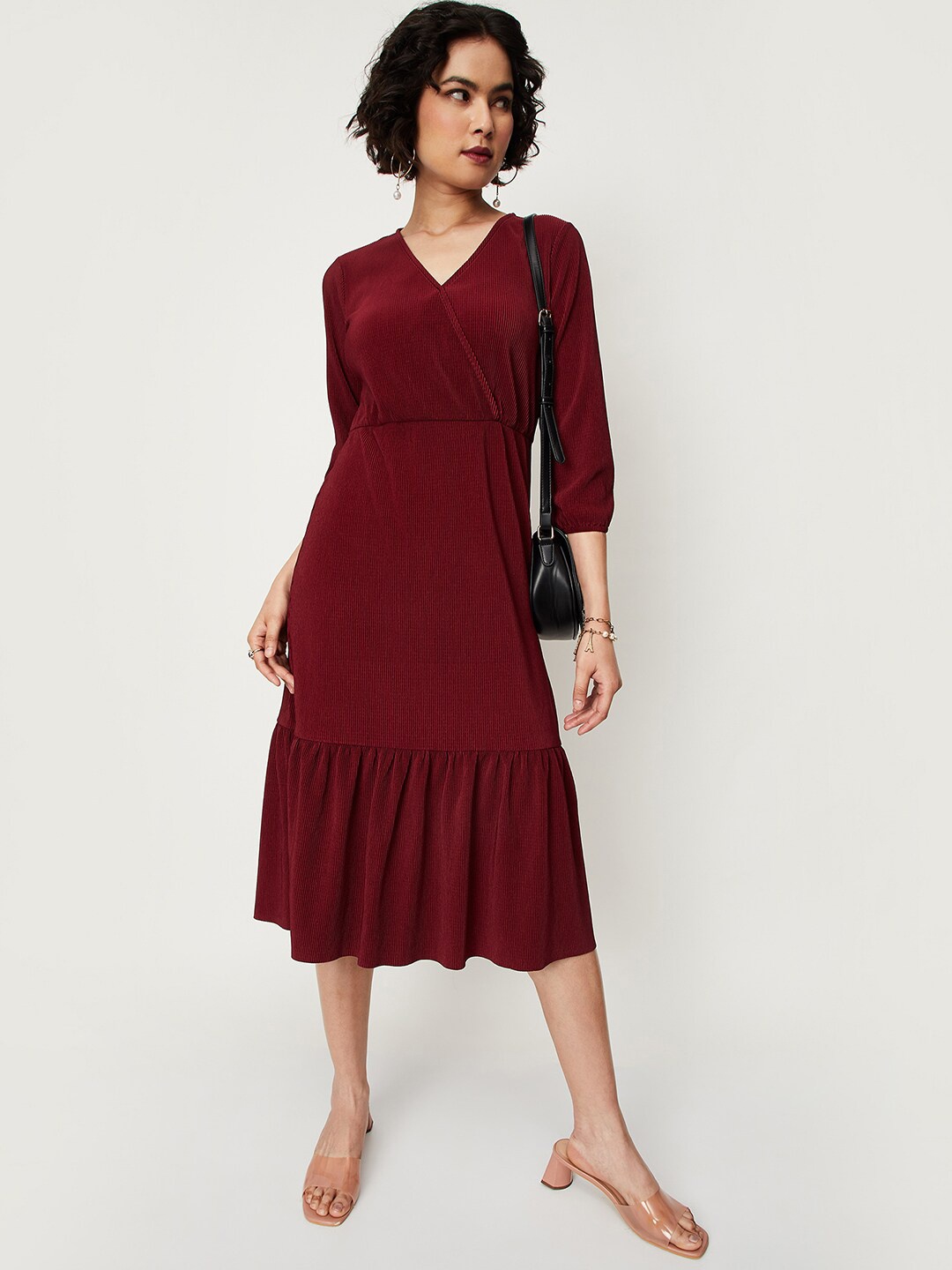 

max V-Neck Puff Sleeves A-Line Midi Dress, Maroon