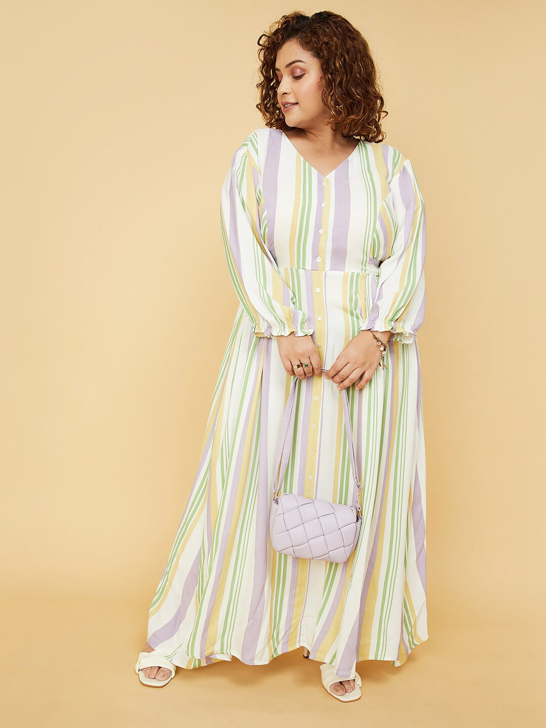 

max Striped Cotton V-Neck Puff Sleeves Maxi Dress, White