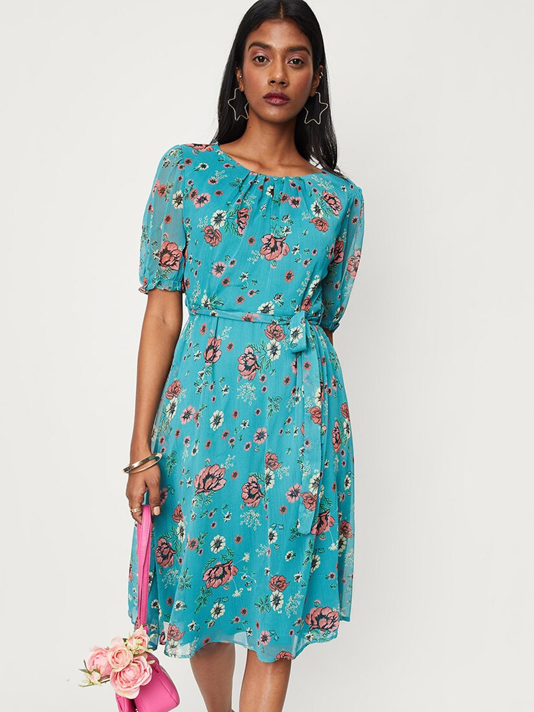 

max Blue Floral Printed Puff Sleeves A-Line Dress