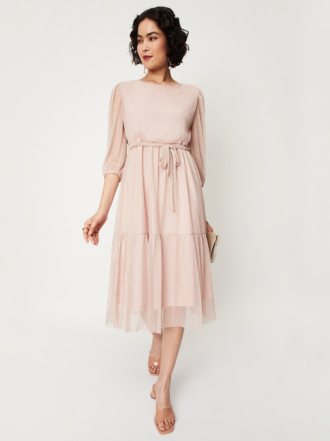

max Tie-Ups Puff Sleeves Fit & Flare Dress, Pink