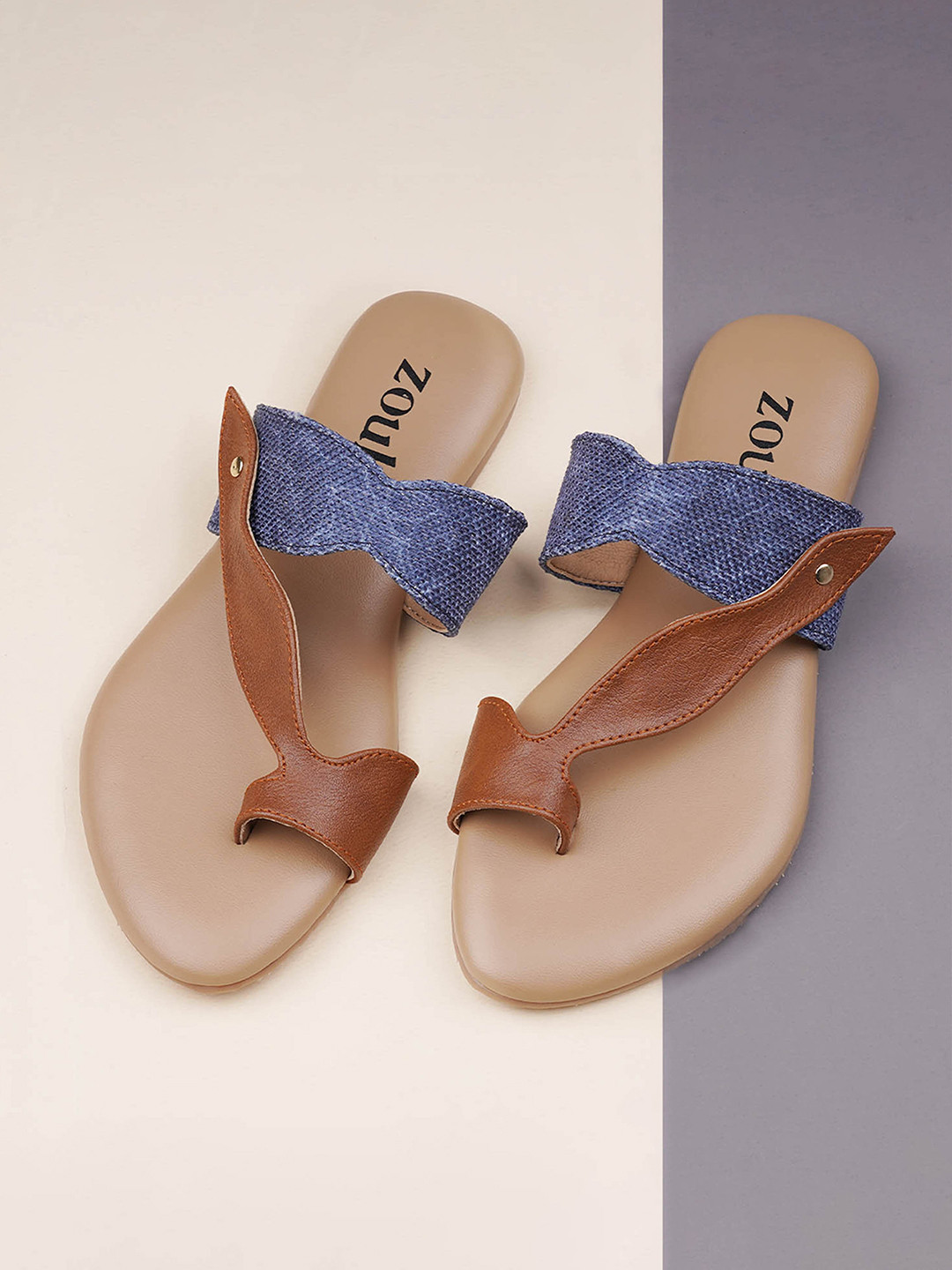 

ZOUK Women Kochi Marine Curvy Printed Open One Toe Flats, Navy blue