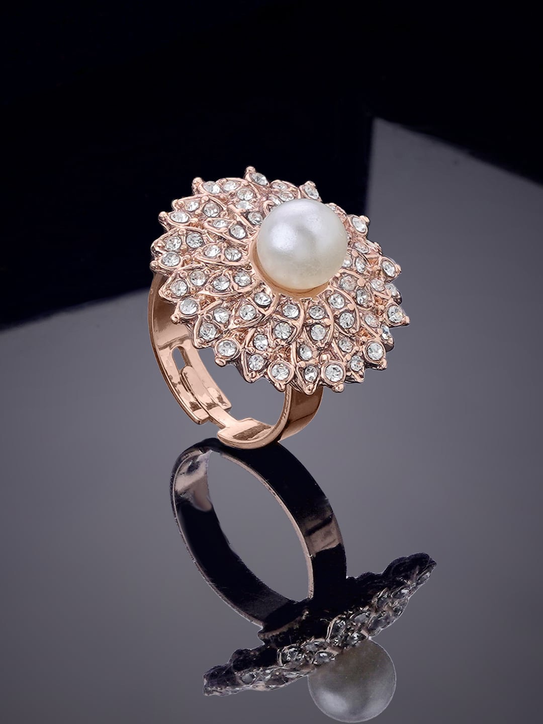 

Estele Rose Gold-Plated Crystal-Studded & Pearl Beaded Adjustable Finger Ring