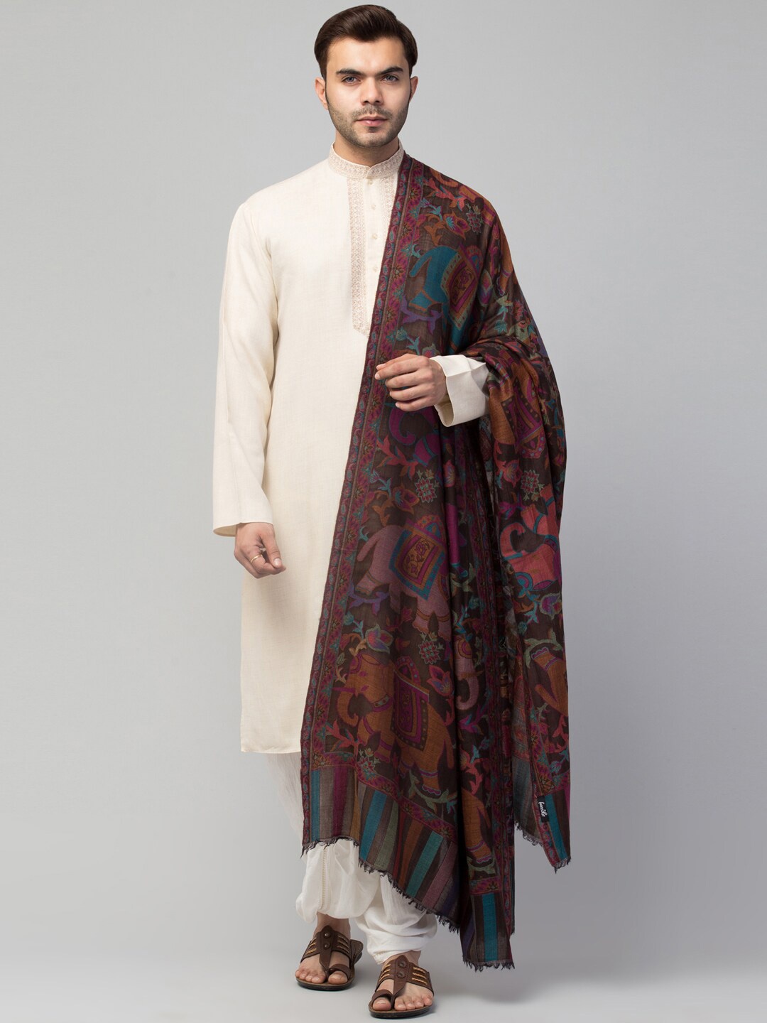 

Tweedle Men Woven Design Pure Wool Shawl, Brown