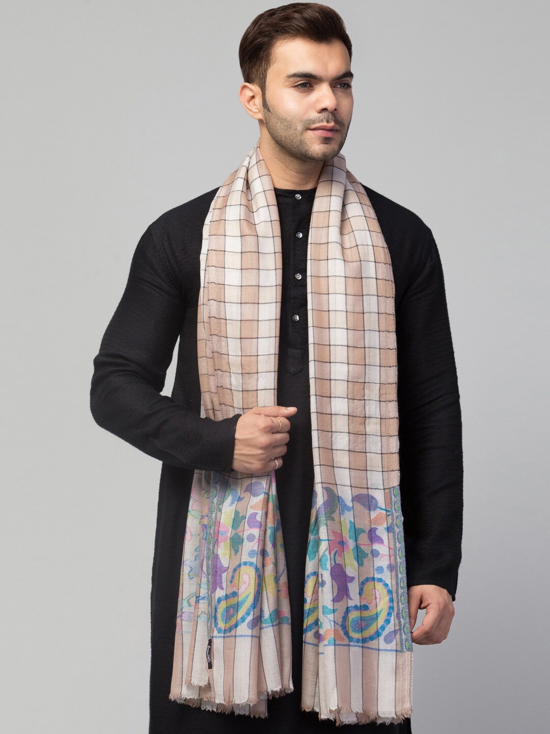

Tweedle Men Checked Paisley Woven Design Pashmina Wool Shawl, Beige