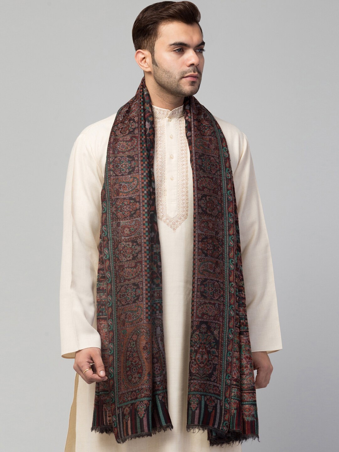 

Tweedle Men Woven Design Kashmiri Pure Wool Shawl, Black