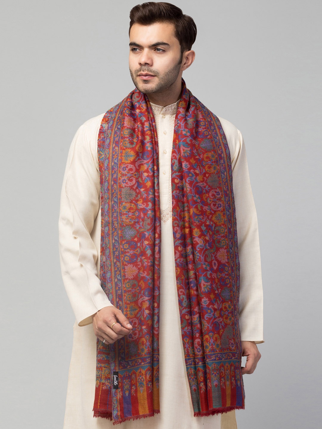 

Tweedle Men Woven Design Pure Pashmina Wool Shawl, Red