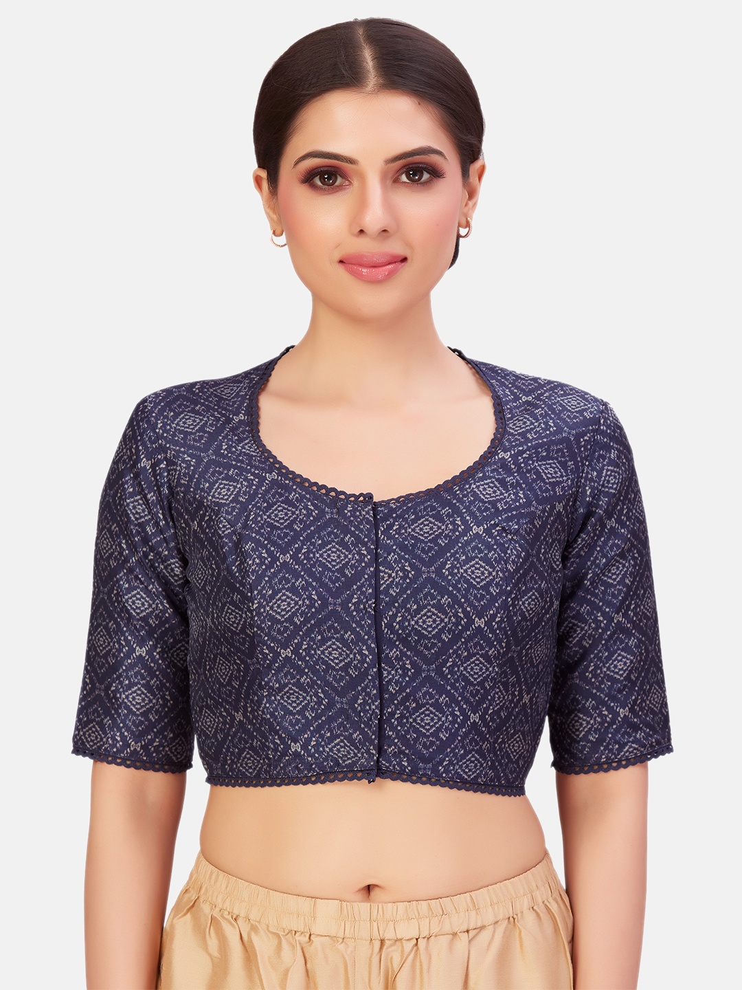 

Studio Shringaar Patola Printed Round Neck Saree Blouse With Lace-up, Navy blue