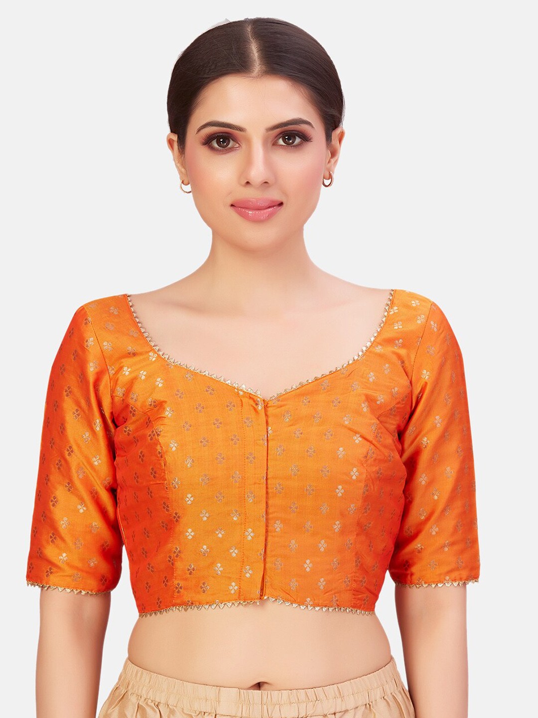 

Studio Shringaar Floral Printed Sweetheart Neck Saree Blouse With Gotta Patti, Orange