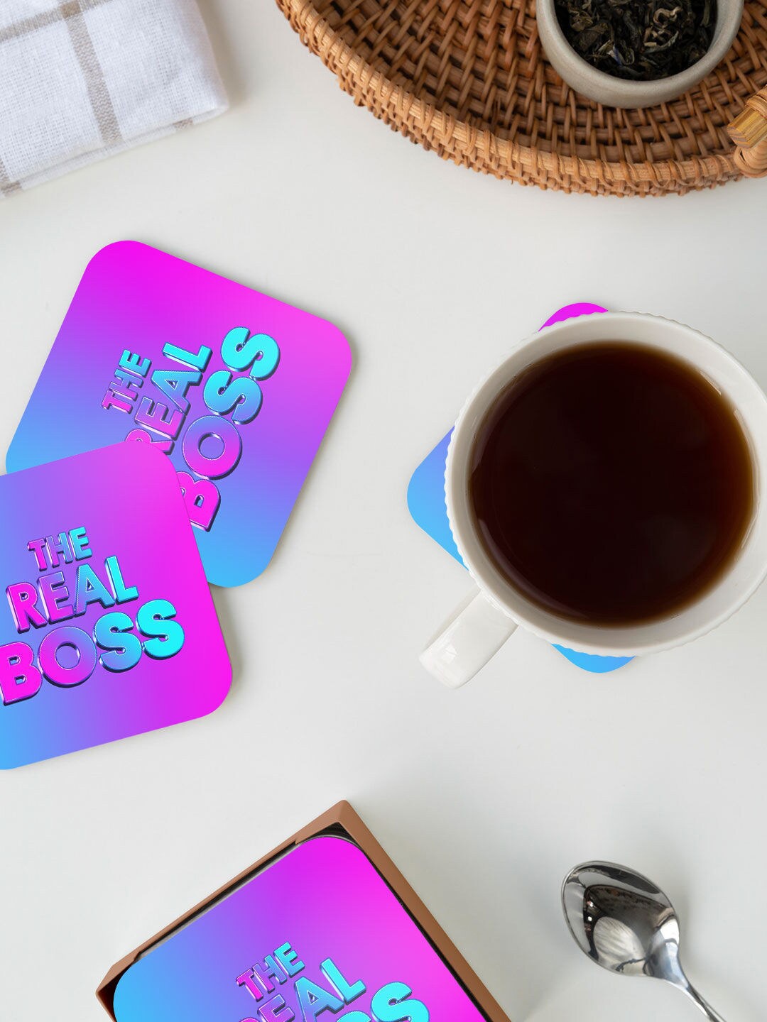 

macmerise Pink & Blue Valentine Real Boss Design Square MDF Wooden Coaster