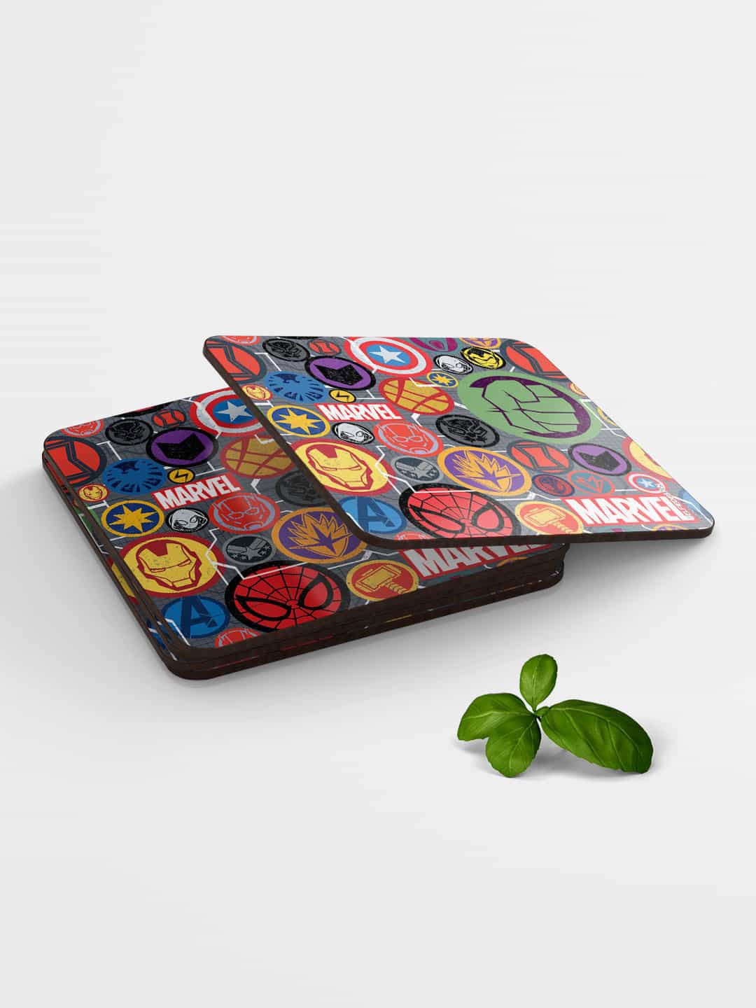 

macmerise Green & Red 6 Pcs Marvel Iconic Mashup Design Printed MDF Wooden Square Coasters