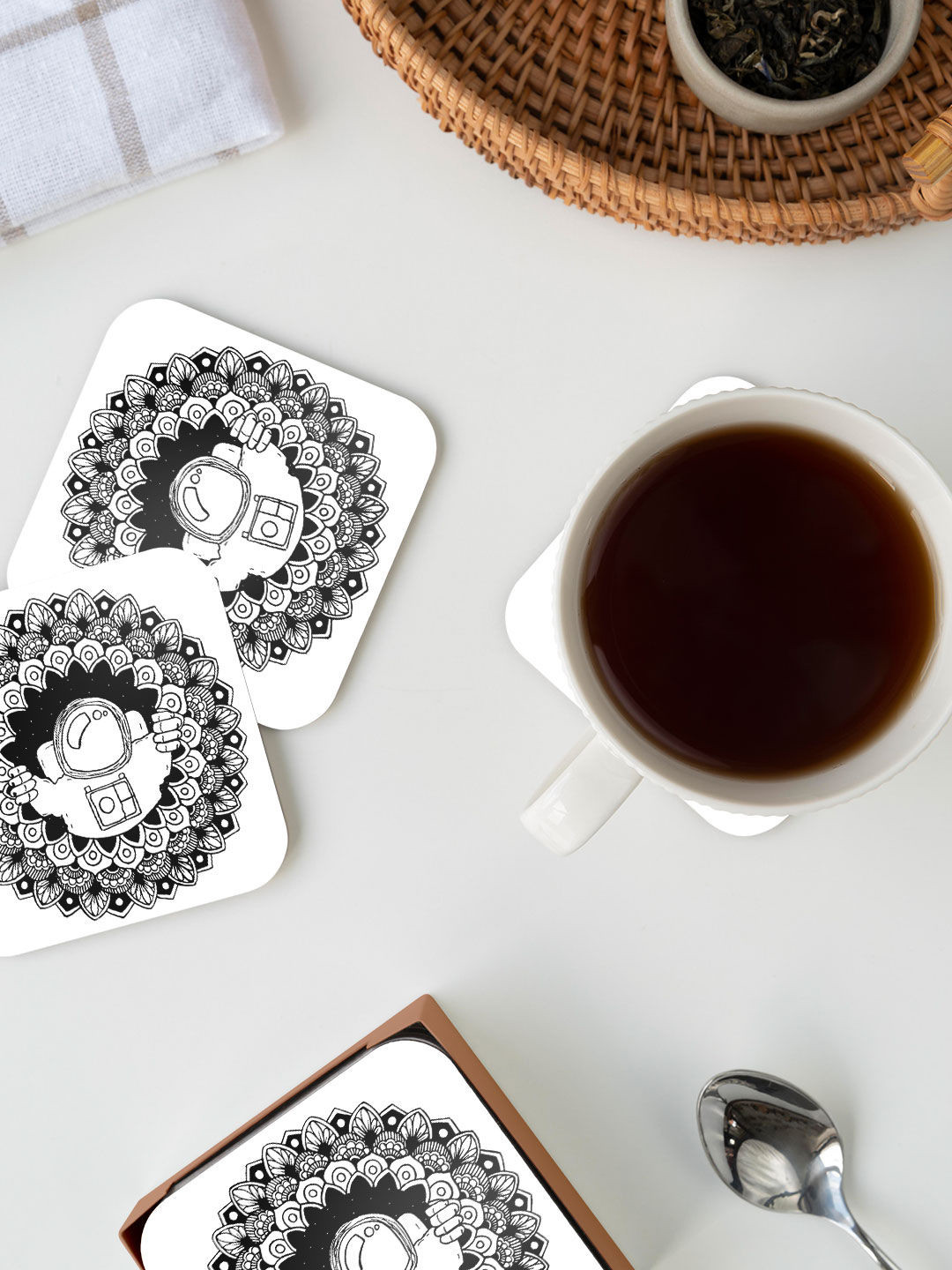 

macmerise White & Black Astronaut Peeking Design Printed MDF Wooden Square Coaster