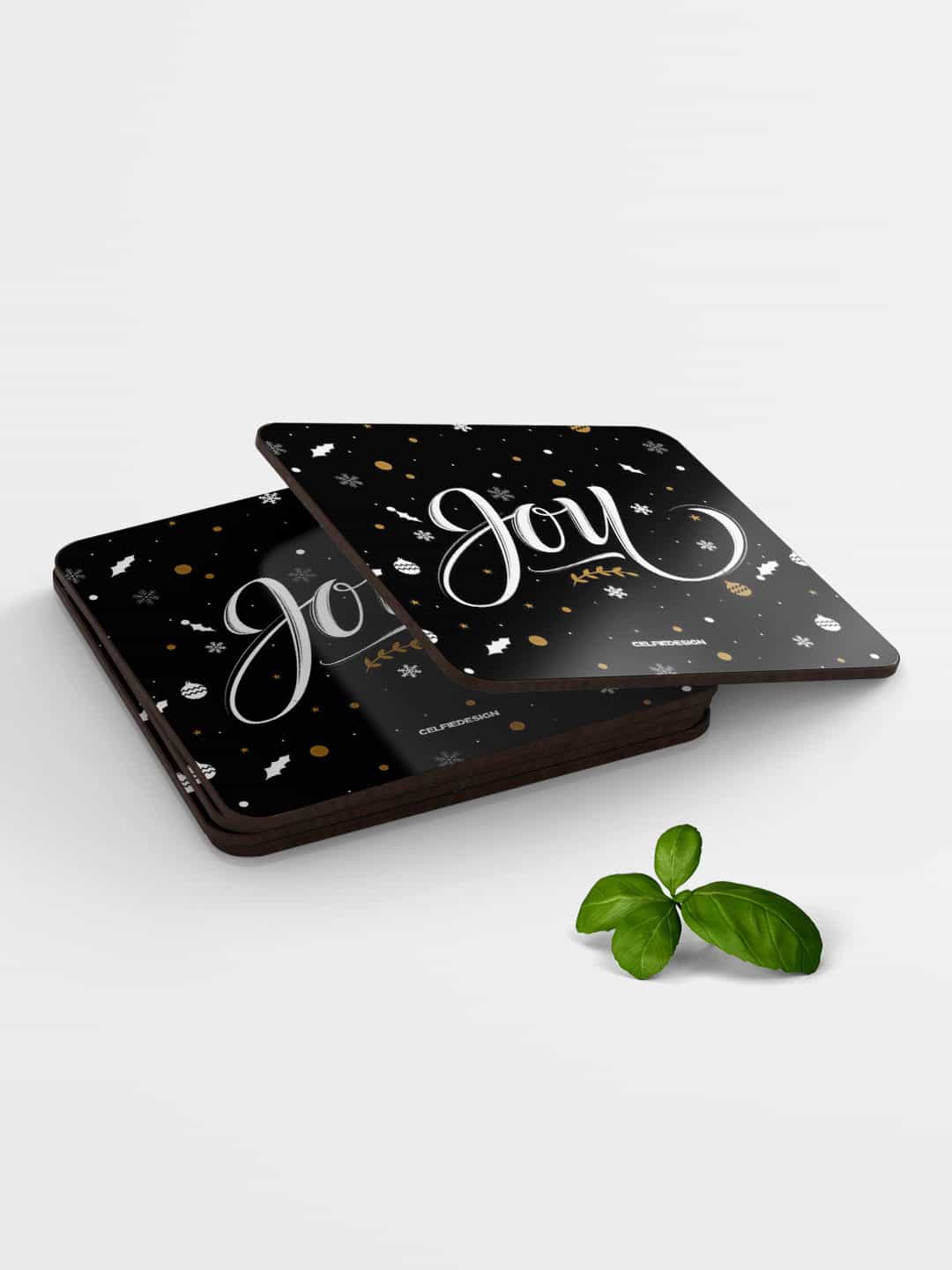 

macmerise Black & Black 6 Pieces Christmas Joy Design Printed MDF Wooden Square Coasters