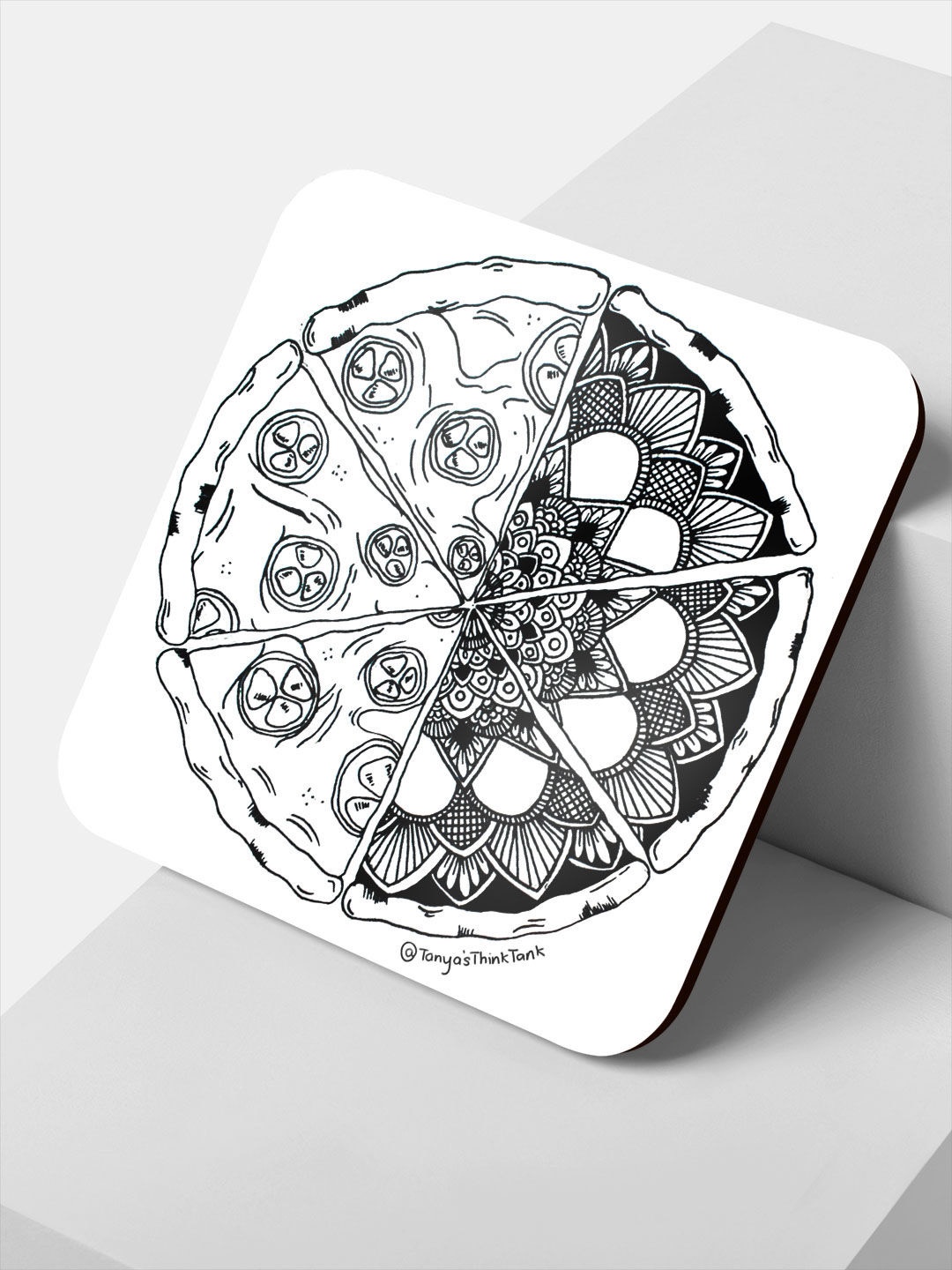 

macmerise White & Black Pizza Design Square MDF Wooden Coaster