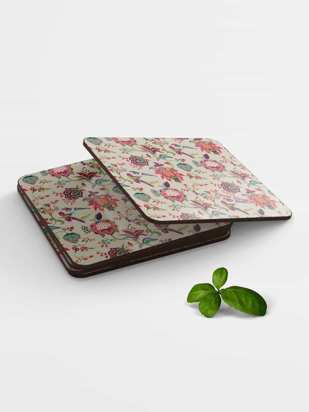

macmerise Green & Pink Payal Singhal Chidiya Design Square MDF Wooden Coaster