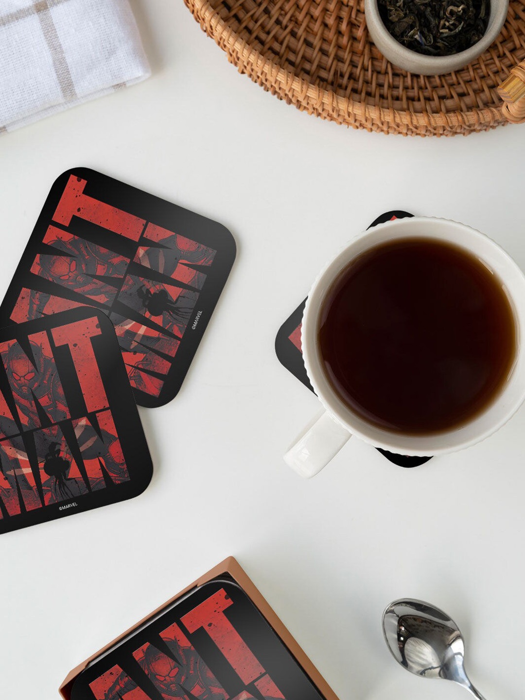 

macmerise Red & Black Minimalistic Deadpool Design MDF Wooden Square Coaster