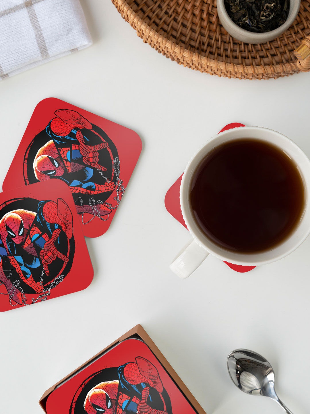 

macmerise Red & Black Spidey Circle Design Square MDF Wooden Coaster