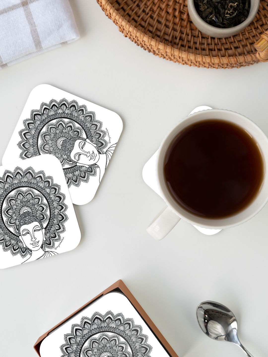 

macmerise White & Black Buddha Design Square MDF Wooden Coaster