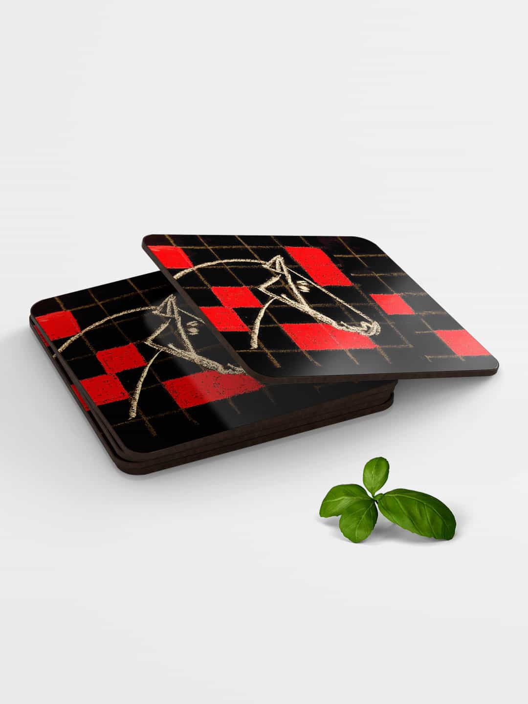 

macmerise Black & Red Masaba Checkered Design Printed MDF Wooden Square Coaster