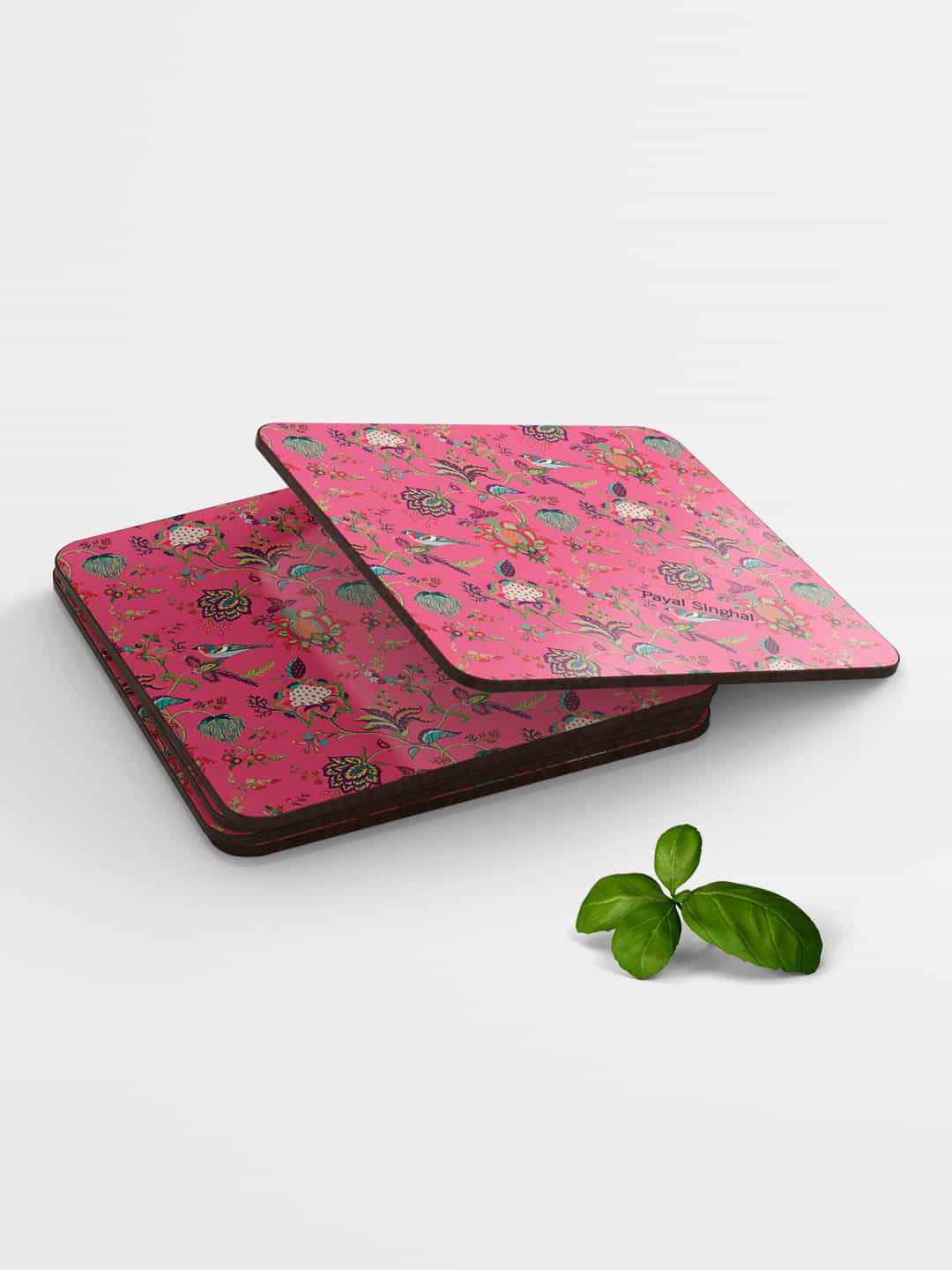 

macmerise Pink & Green Payal Singhal Chidiya Design Square MDF Wooden Coaster