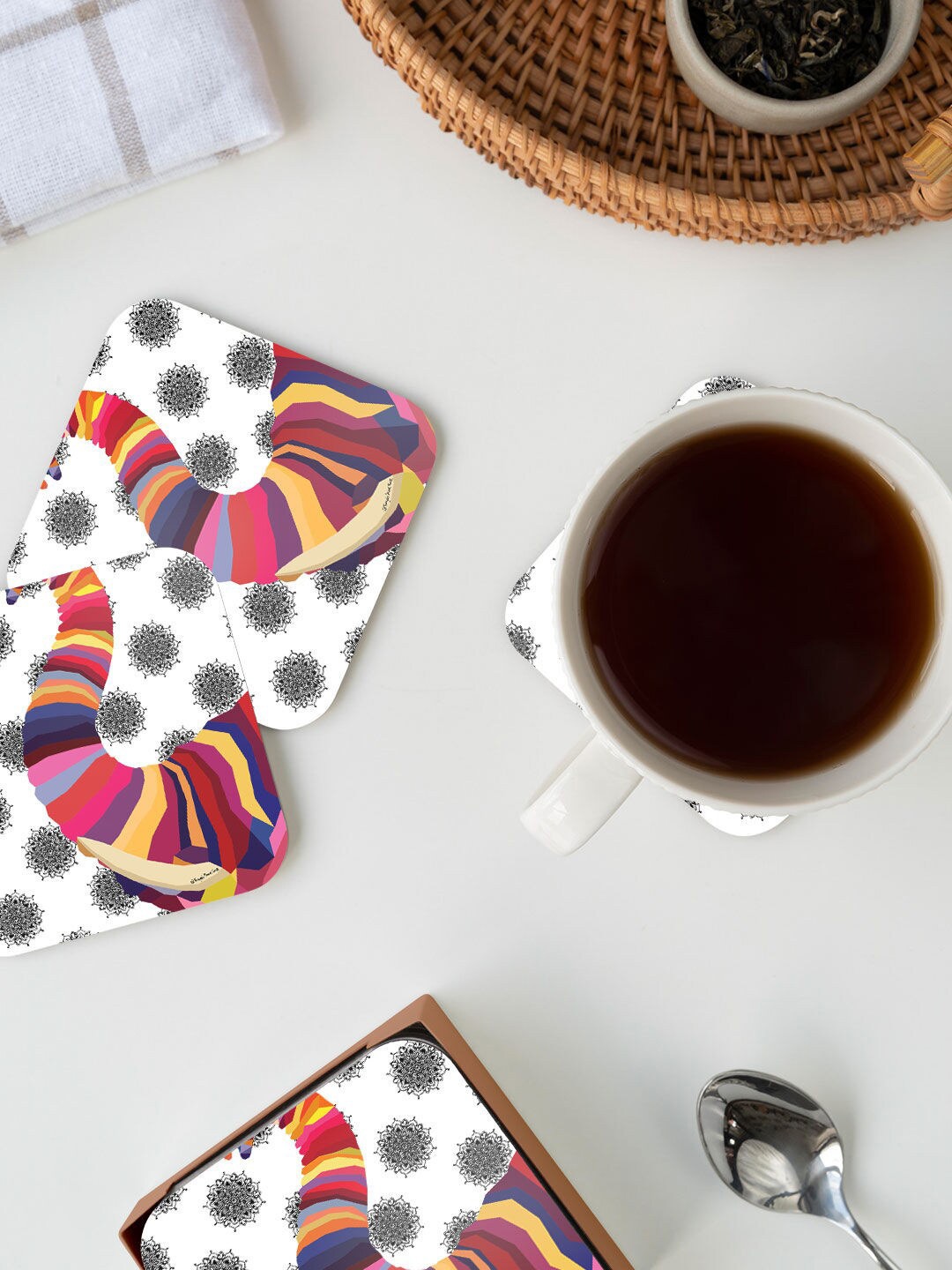 

macmerise White & Pink Elephant Poly Design Square MDF Wooden Coaster