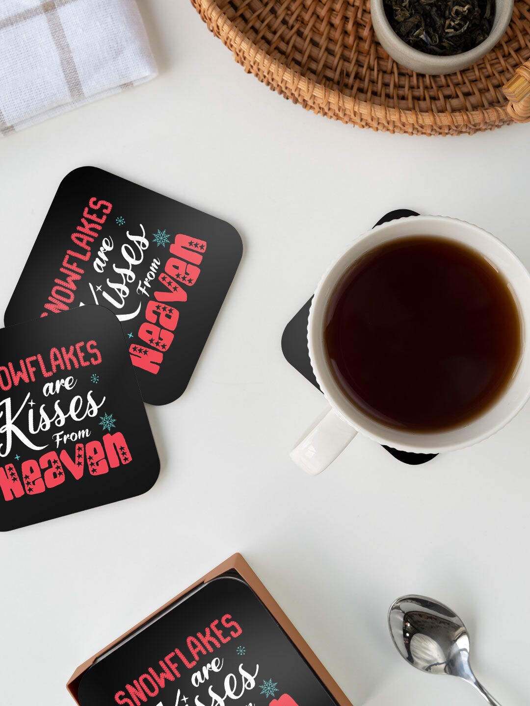 

macmerise Black & Red Christmas Snowflakes Design Printed MDF Wooden Square Coaster
