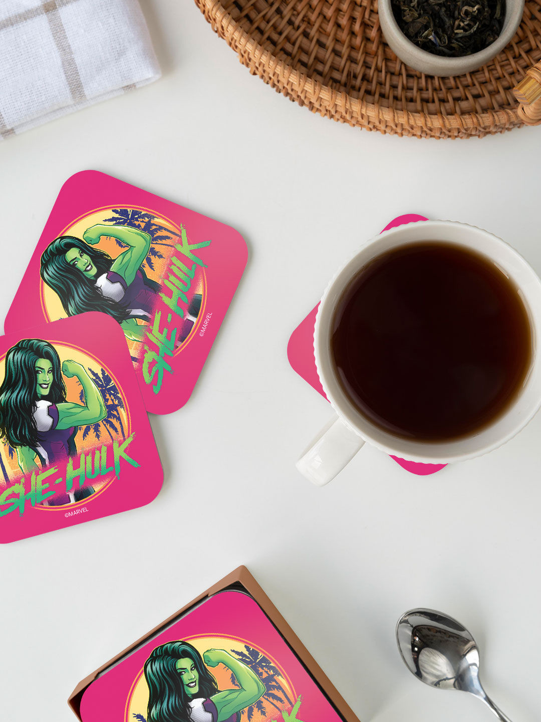 

macmerise Pink & Green She Hulk Pose Design Printed MDF Wooden Square Coaster