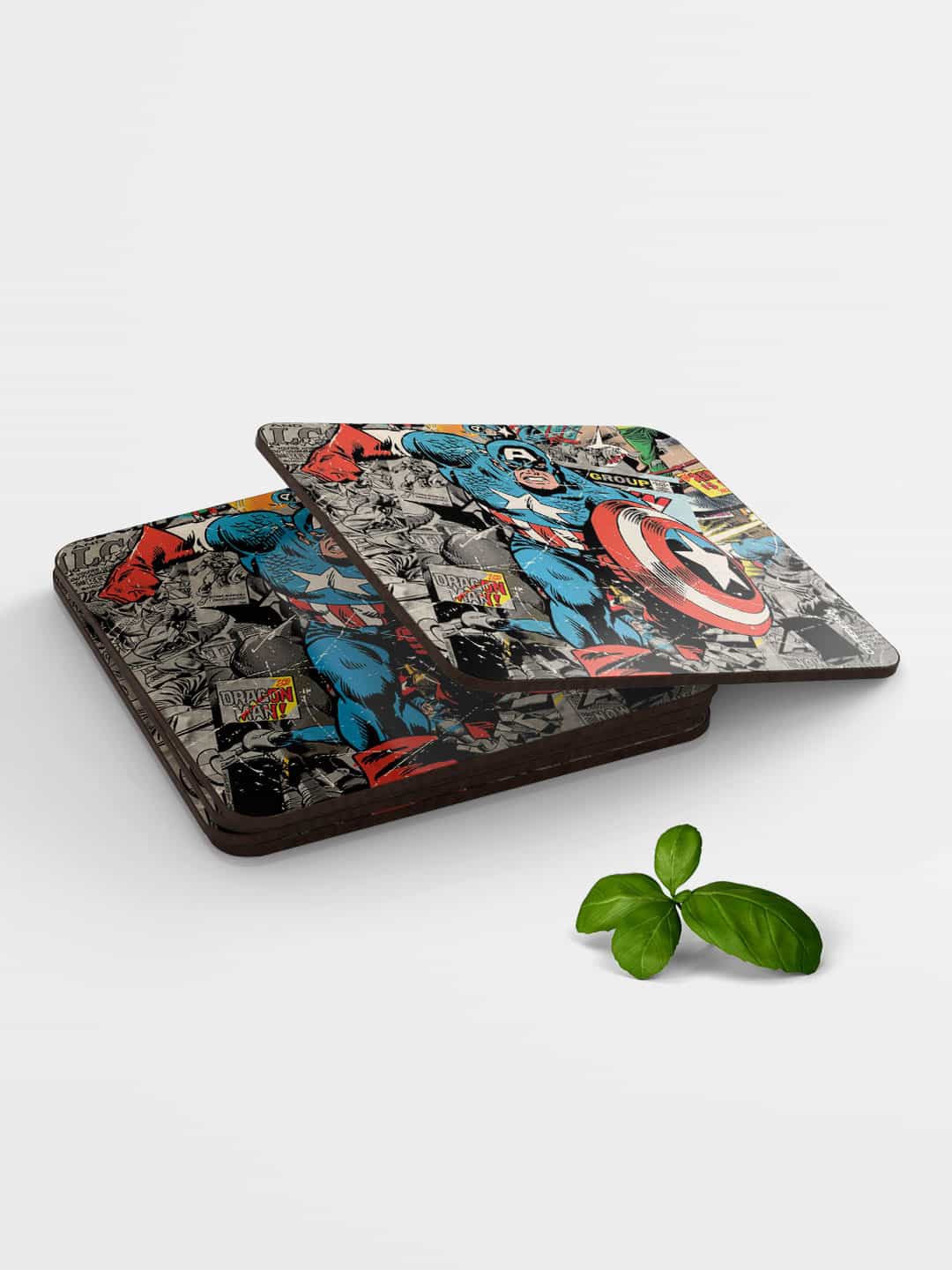 

macmerise Grey & Blue Comic Captain America Design Square MDF Wooden Coaster