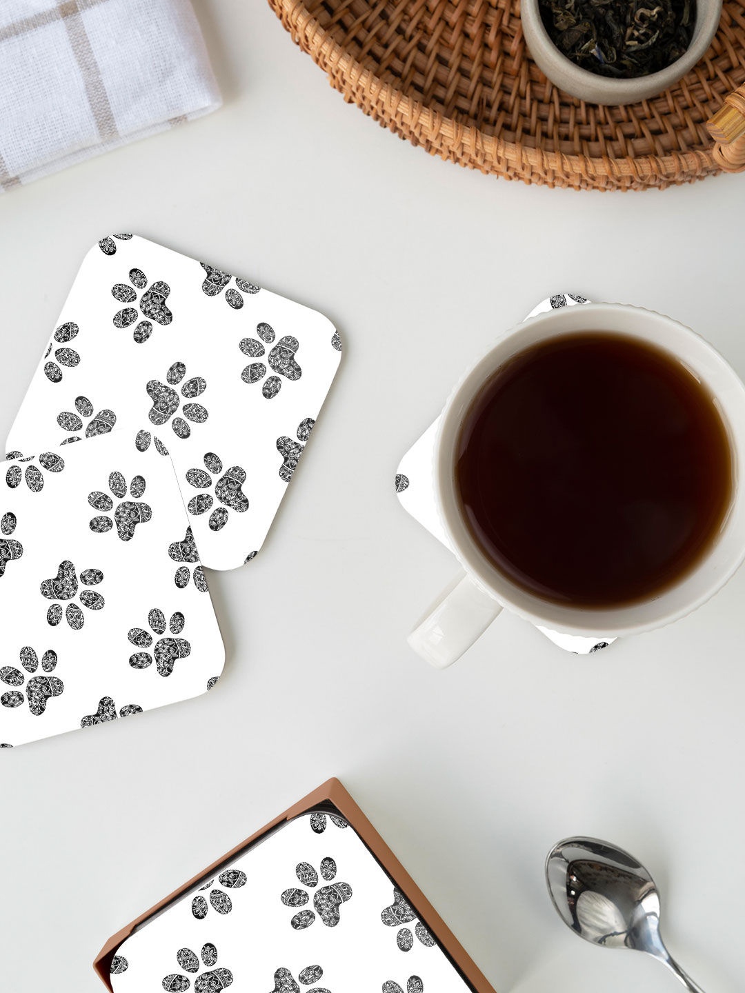 

macmerise White & Black Paws Design Square MDF Wooden Coaster
