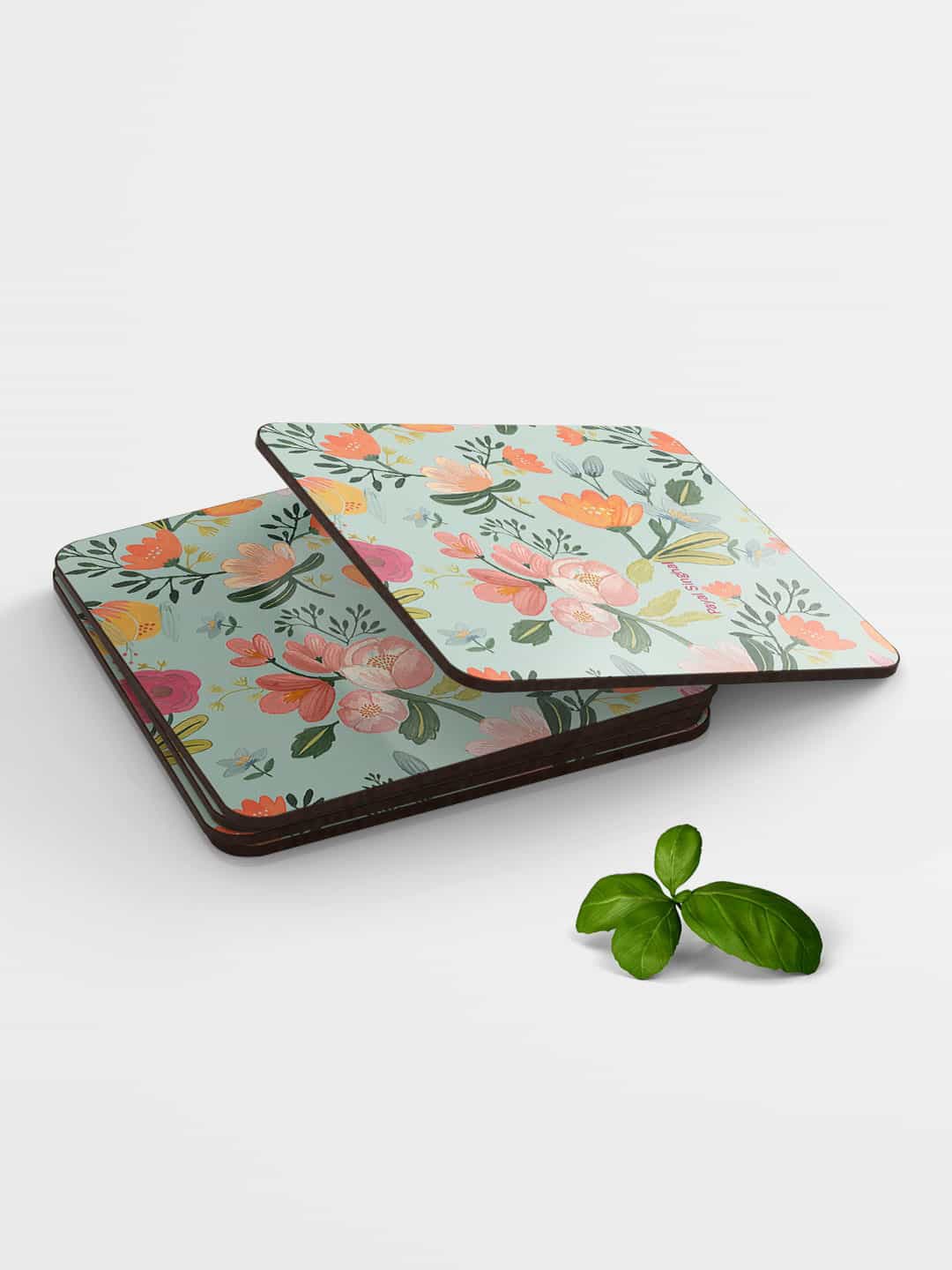 

macmerise Green & Peach-Colored Payal Singha Floral Design MDF Wooden Square Coaster