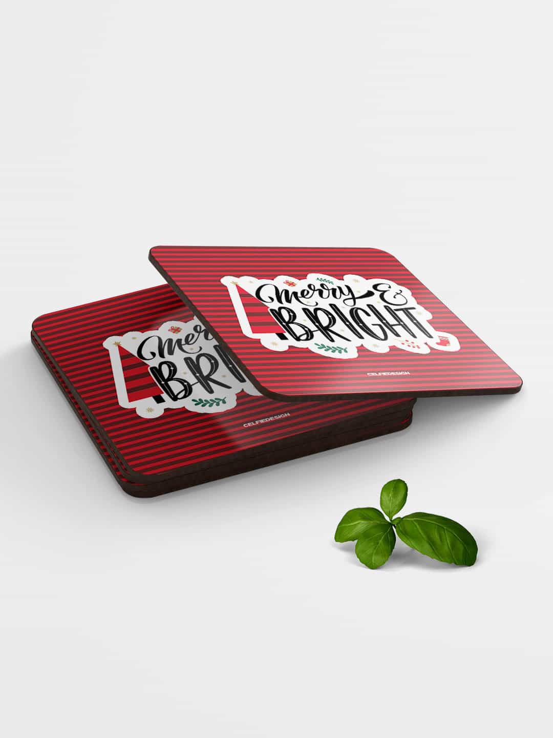 

macmerise Red & White Merry Bright Design Square MDF Wooden Coaster