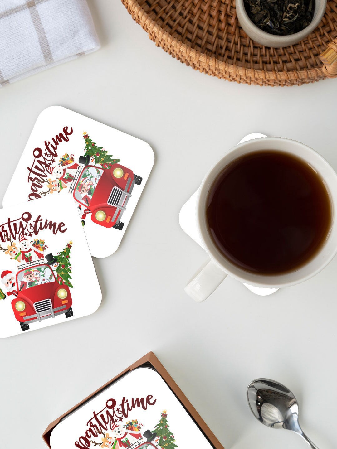 

macmerise White & Red Christmas Party Design Printed MDF Wooden Square Coaster