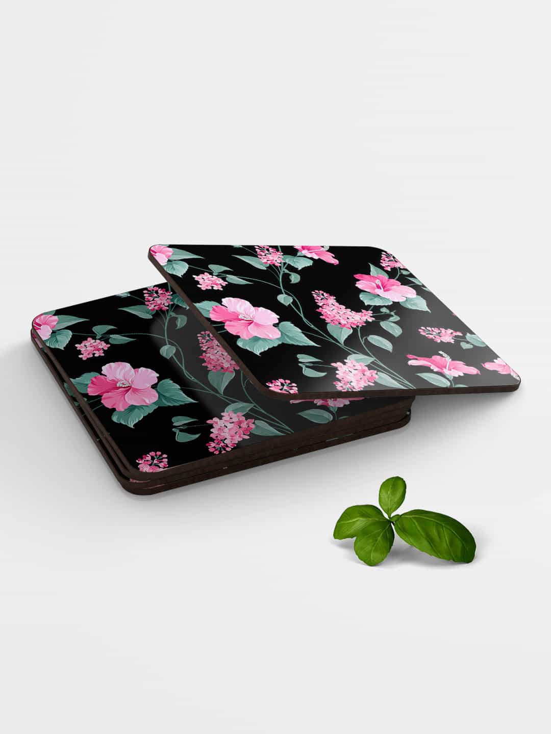 

macmerise Black & Pink SK Hibiscus Blush Design Printed MDF Wooden Square Coaster