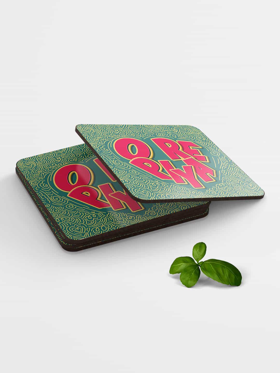 

macmerise Green & Red SM O Re Piya Design Printed MDF Wooden Square Coaster