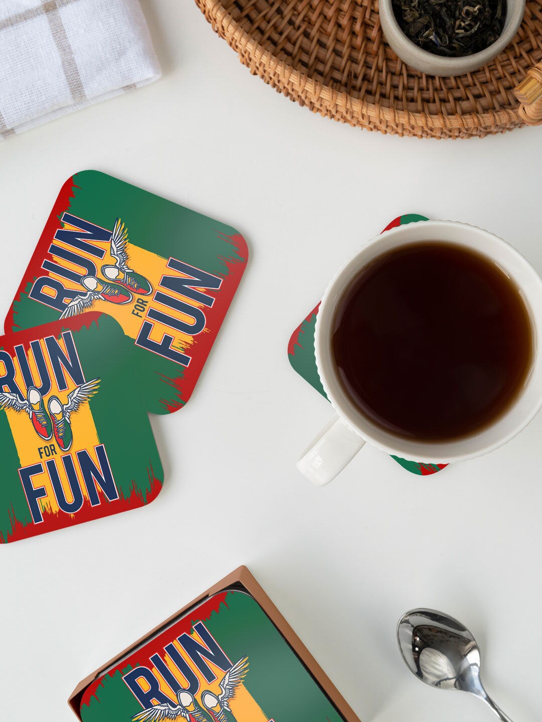 

macmerise Green & Yellow Colored Marathon Fun Design Square MDF Wooden Coaster
