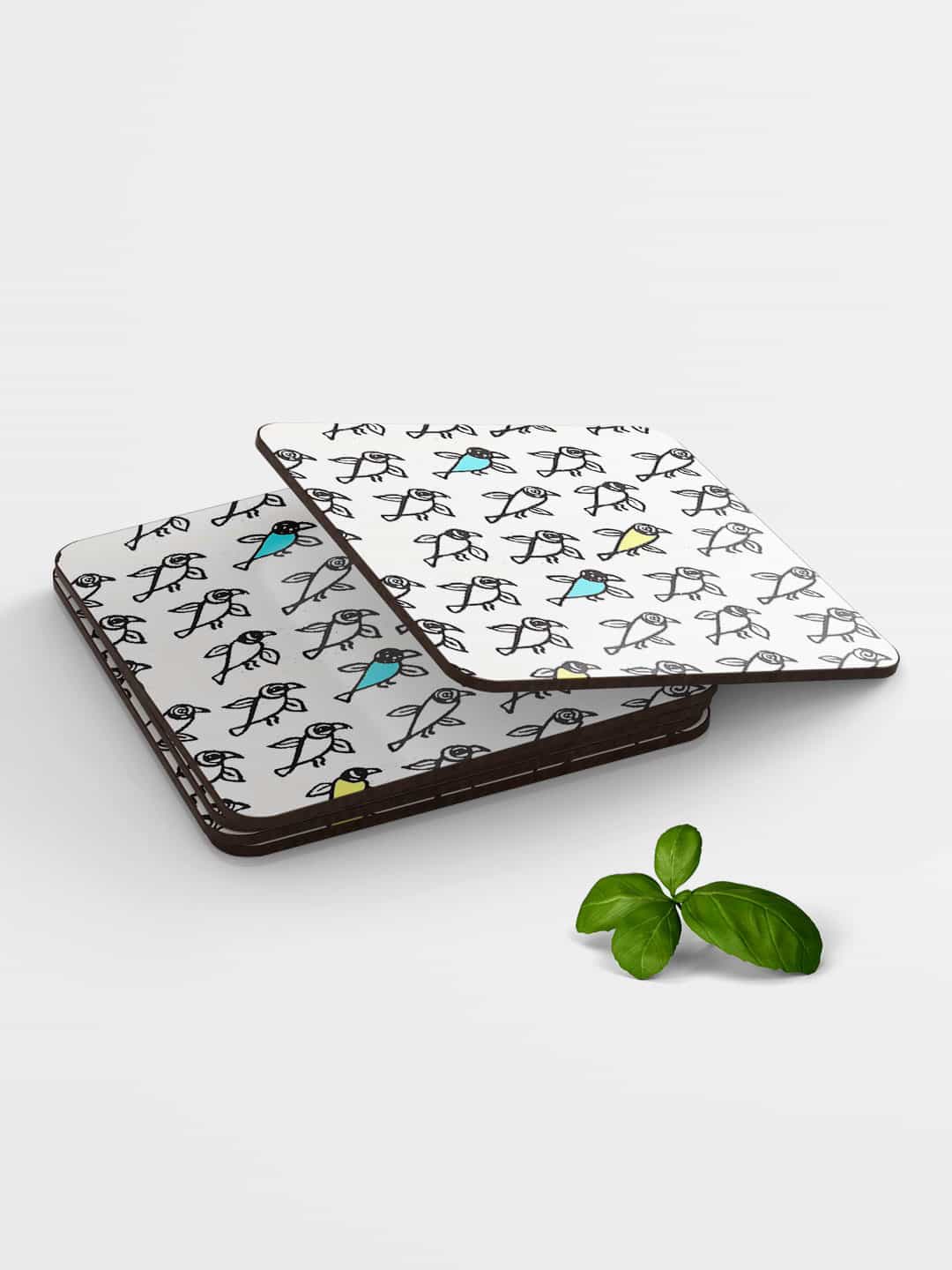 

macmerise White & Black Masaba Bird Print Design Square MDF Wooden Coaster