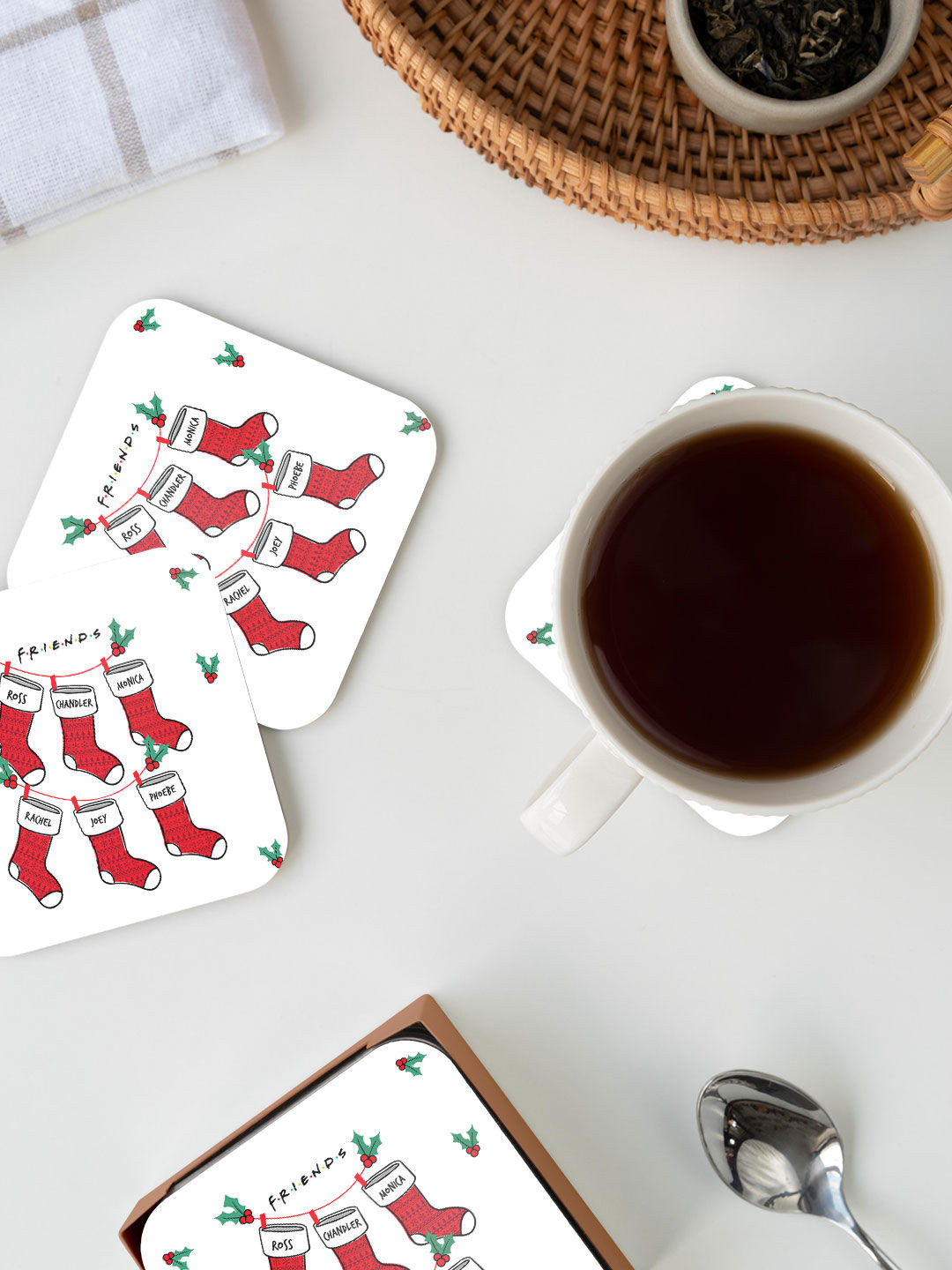 

macmerise White & Red Christmas Friends Socks Design Printed MDF Wooden Square Coaster