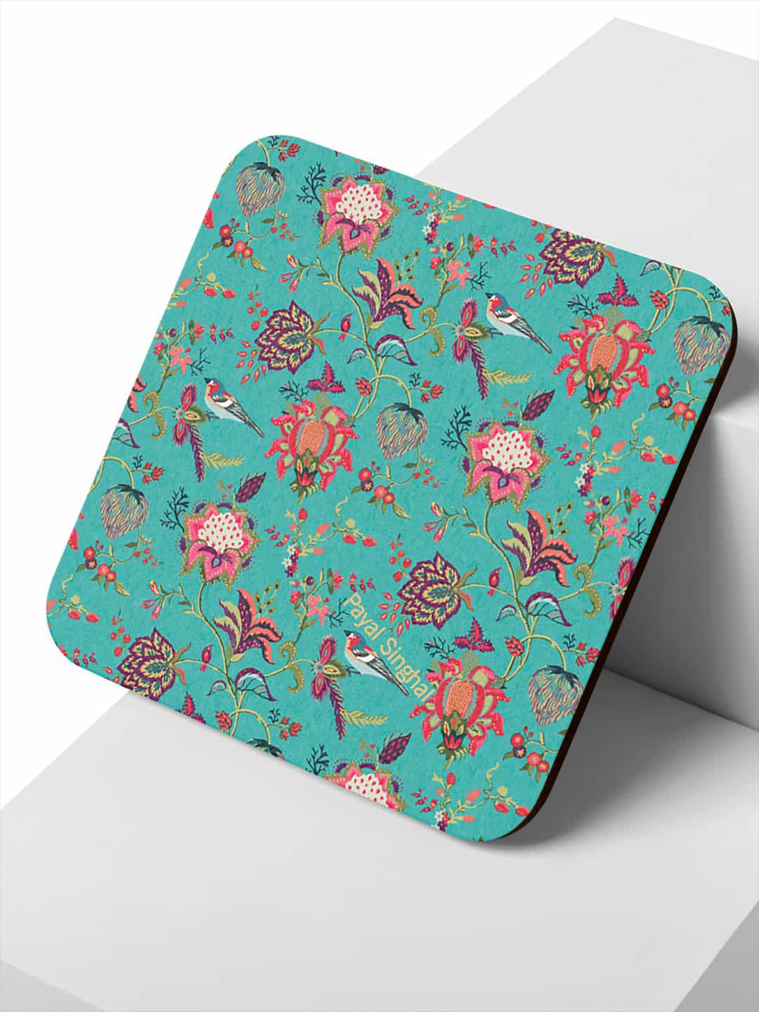 

macmerise Teal-Green & Pink Payal Singhal Chidiya Design Printed MDF Wooden Square Coaster