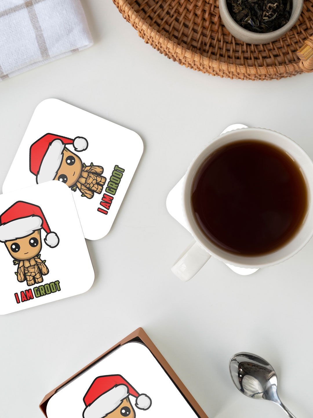

macmerise White & Red Christmas Groot Design Square MDF Wooden Coaster
