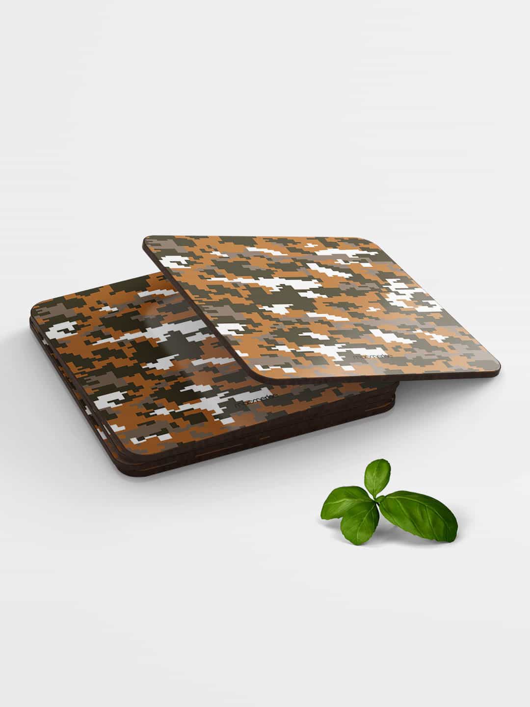 

macmerise Tan-Brown & White Camo Pixel Design Printed MDF Wooden Square Coaster
