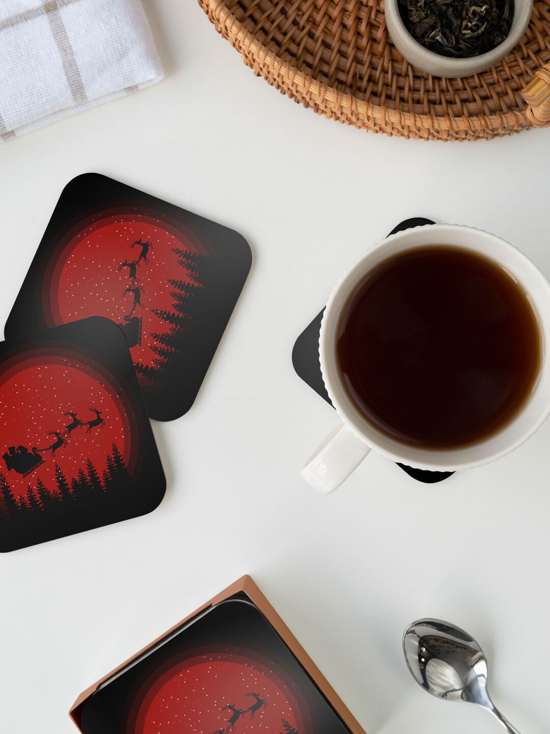 

macmerise Black & Red Christmas Sleigh Design Square MDF Wooden Coaster