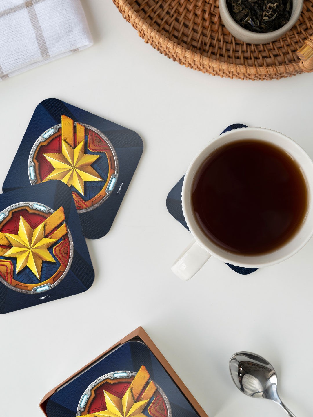 

macmerise Yellow Colored & Red Captain Marvel Armor Badge Design MDF Wooden Coaster