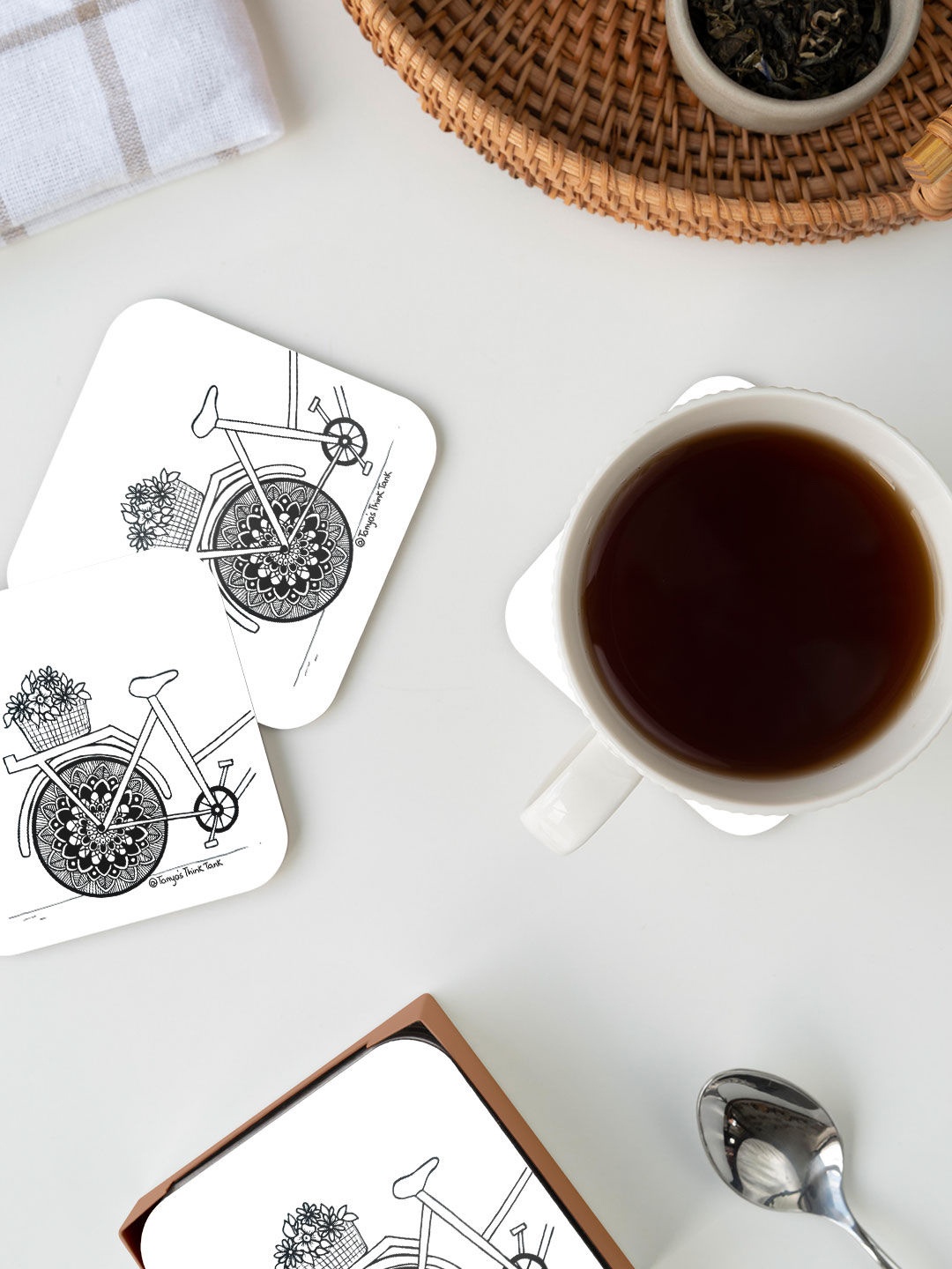 

macmerise White & Black Bicycle Design Printed MDF Wooden Square Coaster