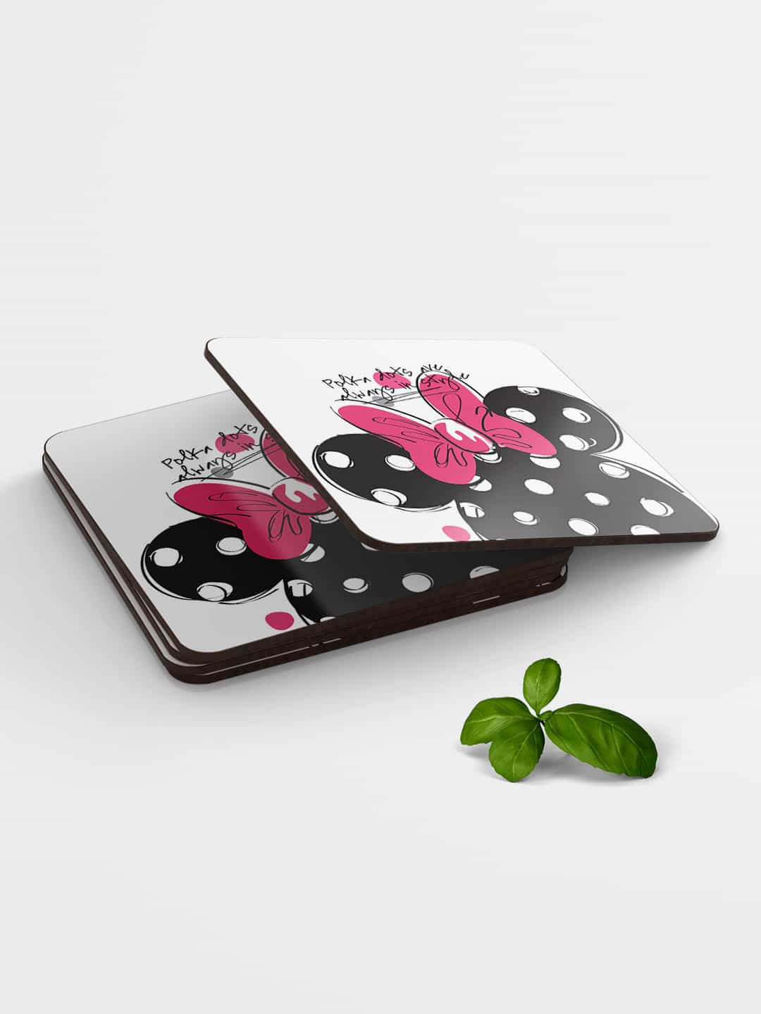 

macmerise White & Black Polka Minnie Design Printed MDF Wooden Square Coaster