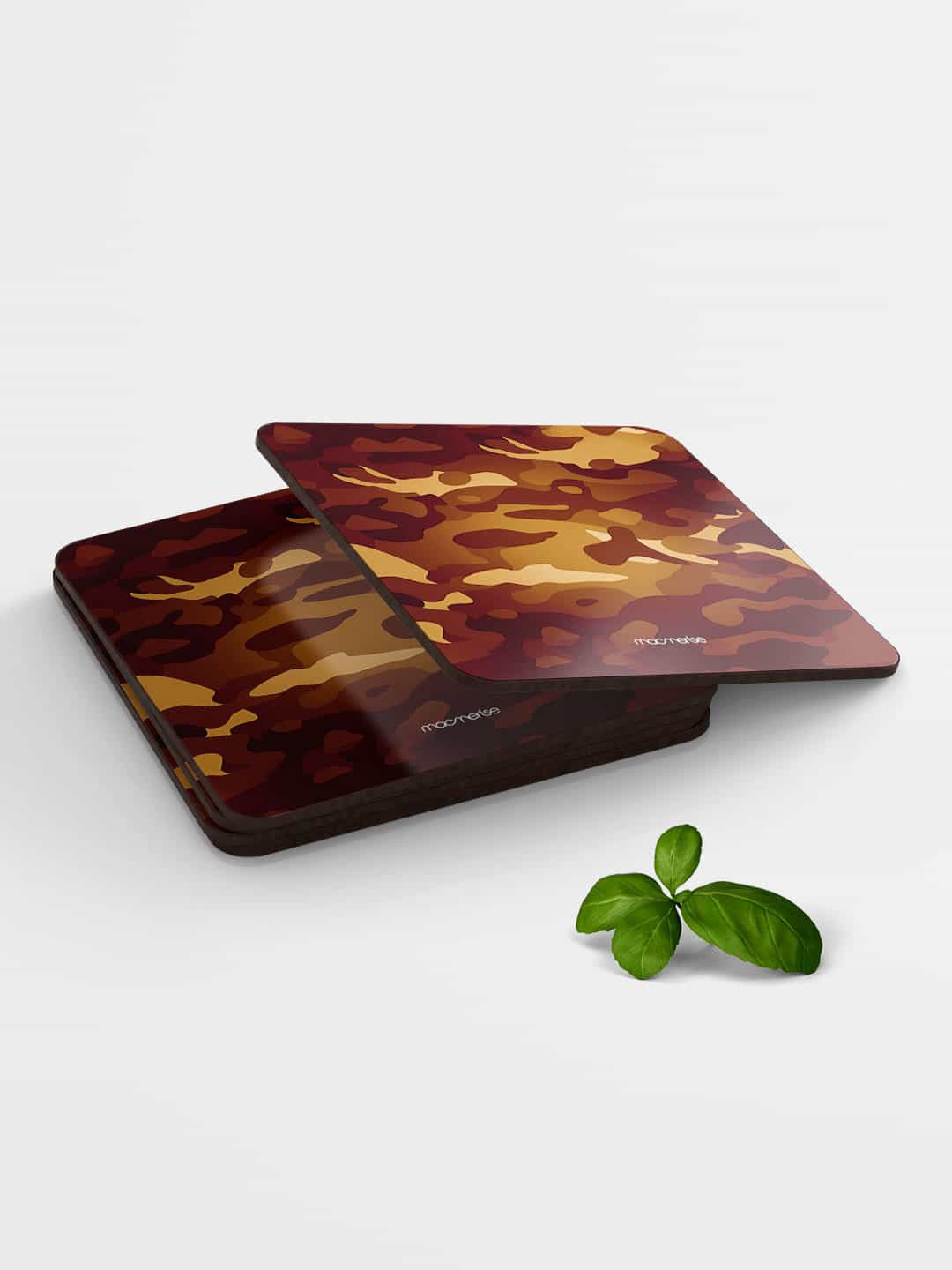 

macmerise Beige Camo Saddle Design Printed MDF Wooden Square Coaster, Brown