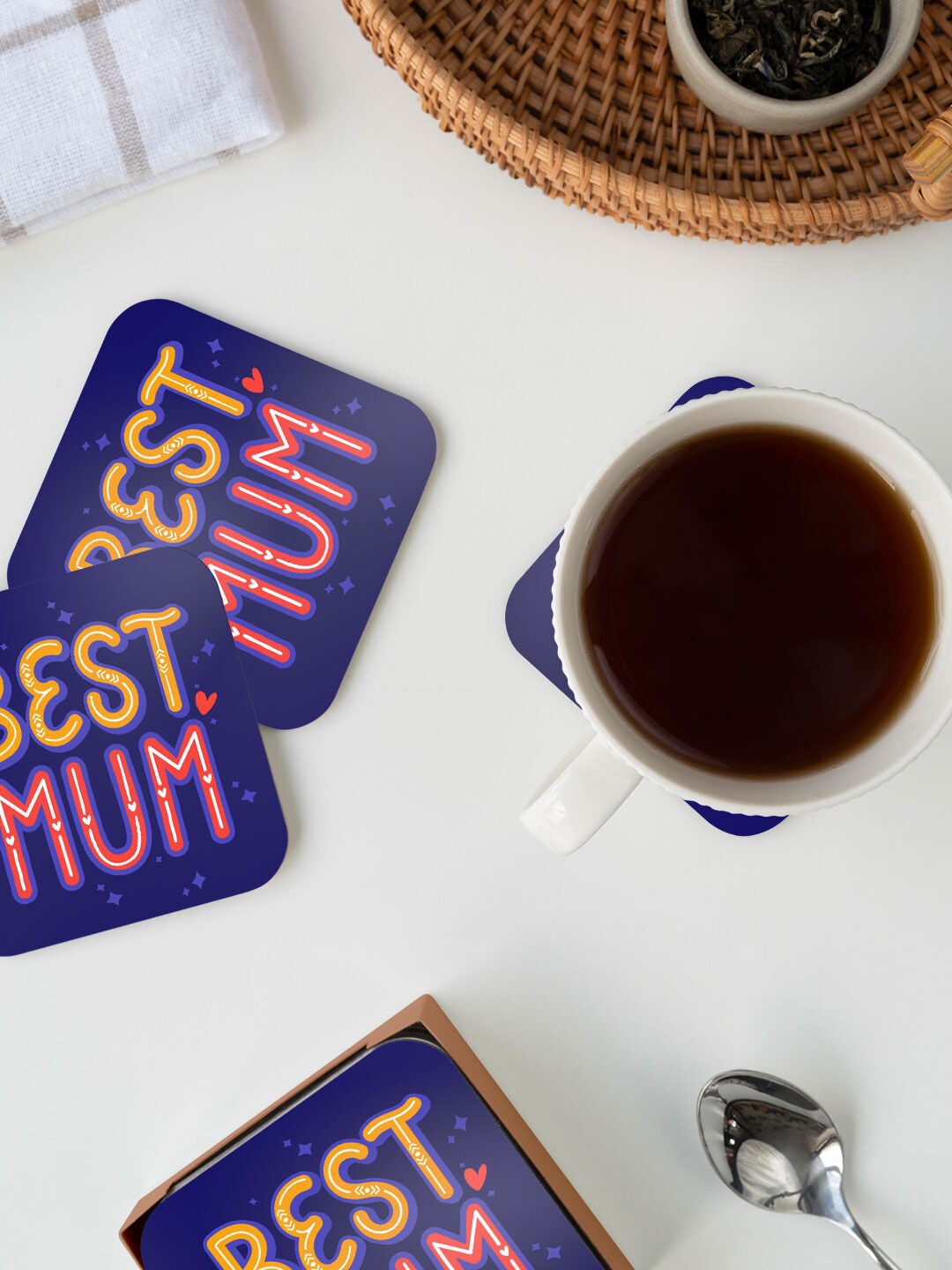 

macmerise Blue & Pink Best Mum Design Printed MDF Wooden Square Coaster