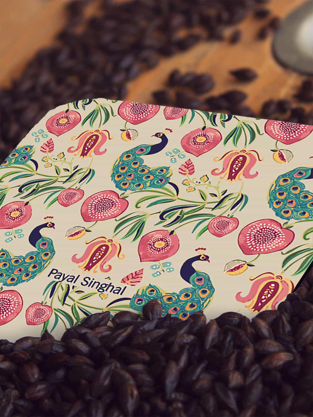 

macmerise Beige Colored & Pink Payal Singhal Anaar & Mor Design Square MDF Wooden Coaster