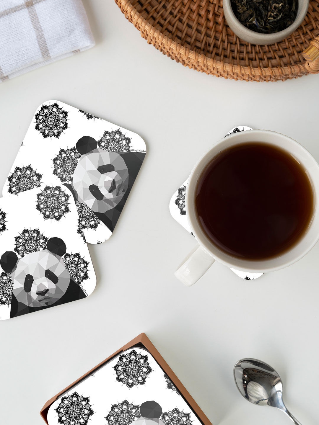 

macmerise White & Black Panda Poly Design Square MDF Wooden Coaster
