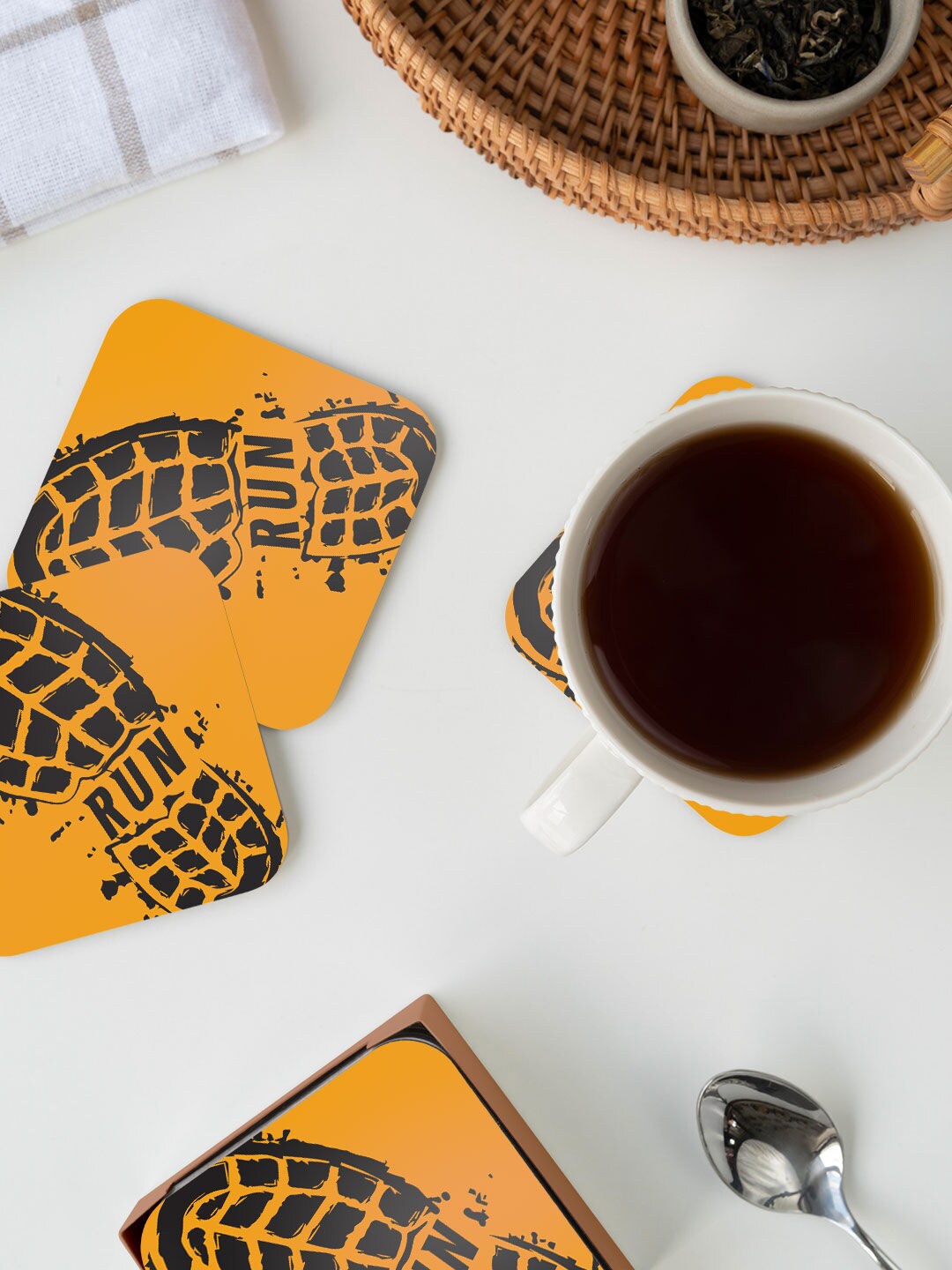 

macmerise Yellow Colored & Black Marathon Run Design Square MDF Wooden Coaster